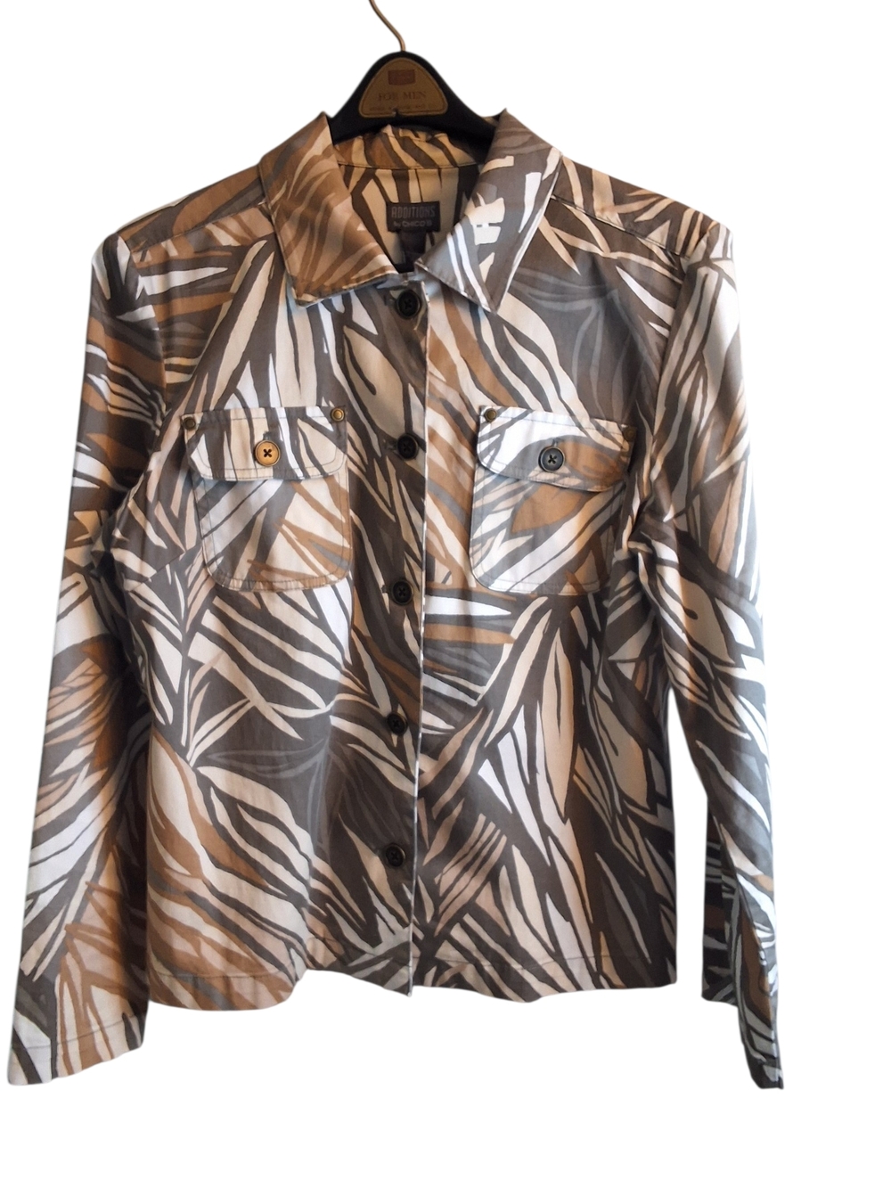 Chico's Neutral Leaf-Print Button Jacket in Tan, White & Gray